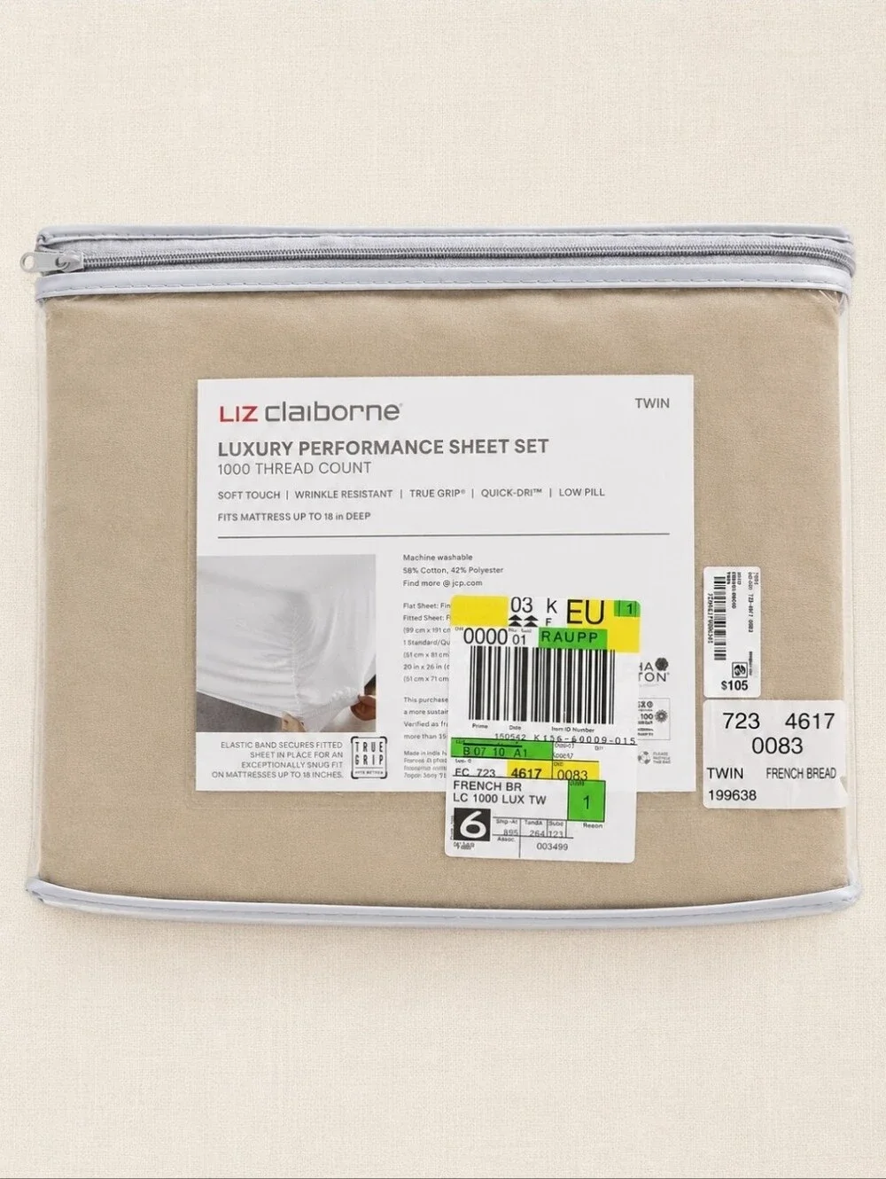 NIP Liz Claiborne 1000 Thread Count Twin Sheet Set French Bread Luxury